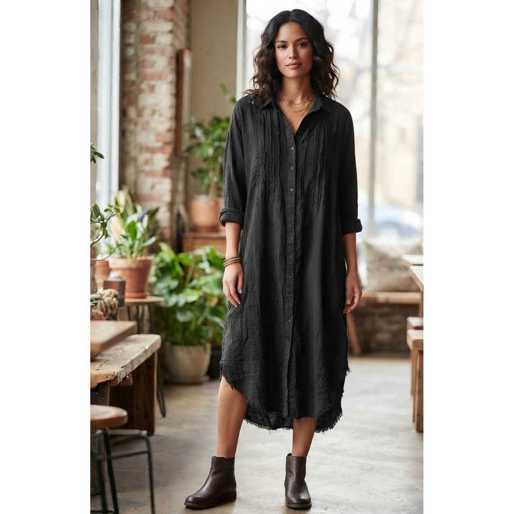 Urban Outfitters Black Crinkle Cotton Pintuck Frayed Hem Shirt Dress XS